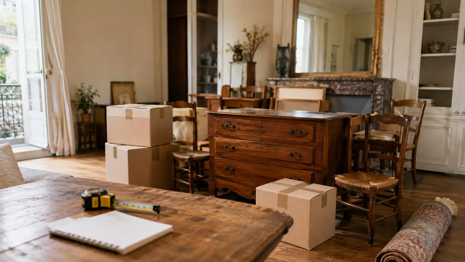 Mètre ruban et carnet devant des meubles à évacuer, prix d'un débarras de maison